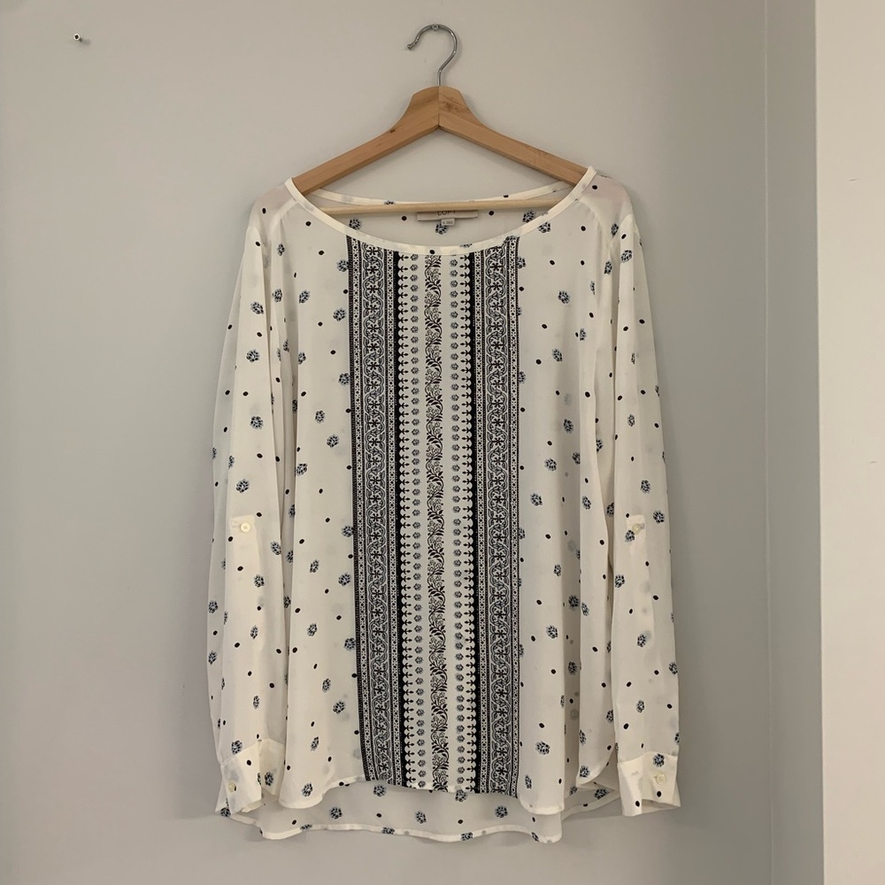 LOFT Ivory Blouse with Navy Floral Design